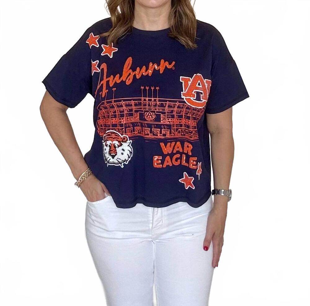 NEW STEWART SIMMONS auburn 4th quarter sequin tee in navy